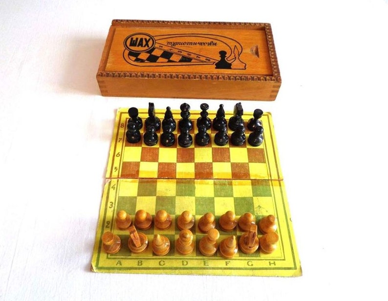 Wooden Chess Pieces Vintage Wooden Chess Full Set in Original Box Wooden Pyrography Box Chess Game Game Board Board Game