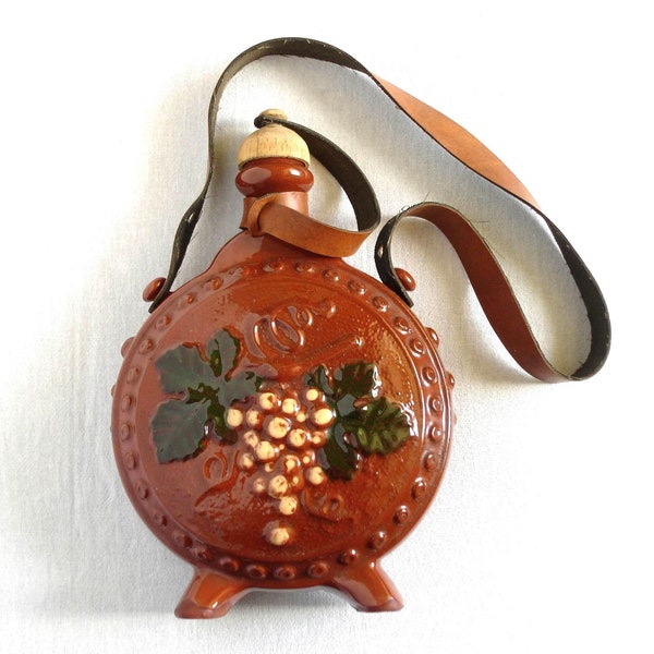 Vintage Bulgarian Ceramic Alcohol Canteen Handmade Traditional Bulgarian Pottery with Brown Glaze Portable Leather Strap and Wooden Stopper