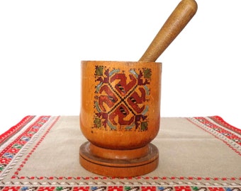 Vintage Bulgarian Wooden Hand Painted Mortar and Pestle. Antique Primitive Wooden Mortar and Pestle