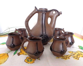 Vintage Ceramic Set.  Bulgarian Traditional Folk Art Pottery Set. Wine. Liquor. Brandy.