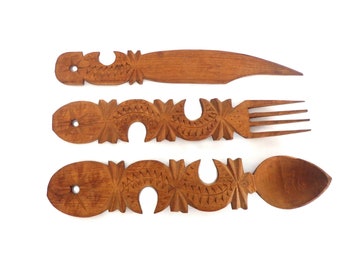 Vintage Set of Hand-Carved Wooden Spoon, Fork and Knife. Wooden Kitchen Utensils. Set of 3