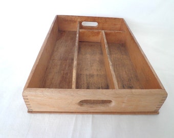 Vintage Wooden Cutlery Organizer Divided Box / Tray Flatware Box Desk top Organizer Tools Box