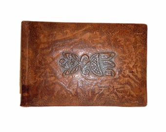 Vintage Handmade leather cover for Retro diary, journal or menu. Embossed.