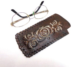 Vintage Leather Glasses Case. Hand made. Mid Century Embossed Leather