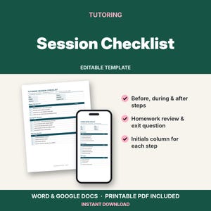 May include: A tutoring session checklist template featuring a printed document and a smartphone display. The text includes TUTORING SESSION CHECKLIST, BEFORE THE SESSION, DURING THE SESSION, AFTER THE SESSION, and sections for student details.