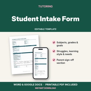 Könnte beinhalten: Eine Vorlage für ein Tutoring-Anmeldeformular mit einem druckbaren Dokument und einer mobilen Geräteanzeige. Der Text enthält Tutoring, Student Intake Form, Editable Template, Word & Google Docs, Printable PDF Included, Instant Download.
