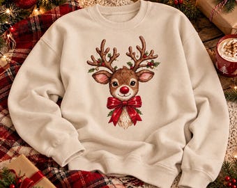 Embroidered Reindeer Sweatshirt | Christmas Deer Design, Holiday Crewneck