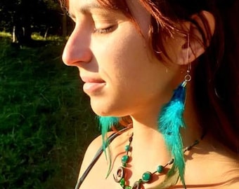 Turquoise-dyed rooster and pheasant feather earrings