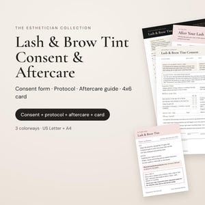 まつ毛・眉毛ティント同意書＆アフターケアカード、エステティシャン用プロトコルセット｜編集可能なCanvaテンプレート