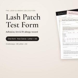 Wimpern-Patch-Testformular: Allergieprotokoll für Klebstoffe, Färbung und Lifting mit Verzichtserklärung | Bearbeitbares Canva