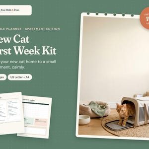 Może przedstawiać: Cyfrowy planer New Cat First Week Kit zawierający 18 stron w formatach US Letter i A4. Grafika przedstawia rudego kota wychodzącego z transportera obok legowiska i miski, wraz z przykładowymi stronami listy zakupów i planera.
