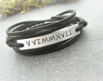 Friend gift, Roman Numerals, Unisex bracelet, Personalized Bracelet Man Woman, Stamped Jewelry, Your text, Vegan Wrap bracelet