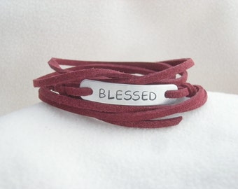 Gratitude bracelet, Blessed hand stamped bracelet, Wrap Faux Suede Cord Bracelet, Personalized Stamped Tag, Vegan bracelet