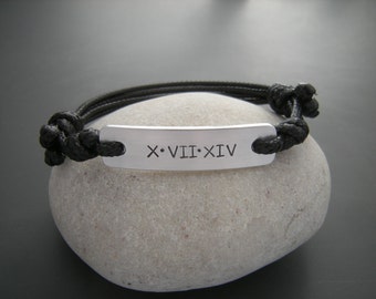 Roman Numerals Mens bracelet, Gift for Him, Gift for a Boyfriend, Personalized Stamped Jewelry, Black cord bracelet, Personalized bracelet