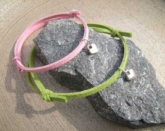 Friendship bracelets, Wish bracelet, tiny Heart Bracelet, Pink and Green, faux suede cord Bracelets, Suede Cord and Silver tone heart