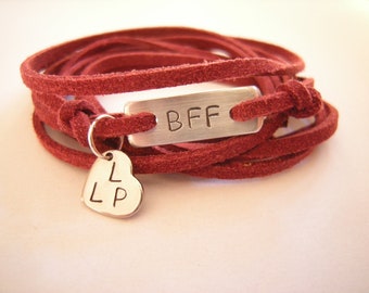 Friendship bracelet, BFF Bracelet, Best Friends Bracelet, Friendship Wrap bracelet with Stamped initials, choose your color of the cord