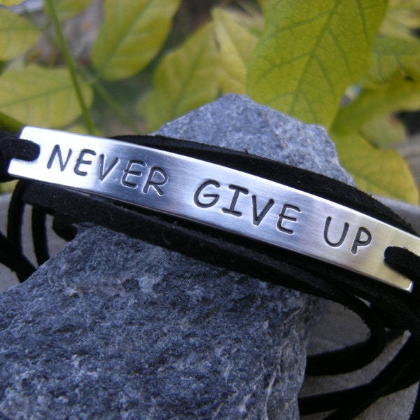 Motivational bracelet, Gift for Him, Never Give Up - W. Churchill, personalized stamped bracelet, faux suede cord, custom quote bracelet