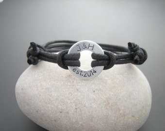 Man bracelet, Gift for Him, Stamped Washer, Personalized Jewelry, Black cord bracelet, Cotton Anniversary