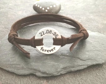 Washer Bracelet, Stamped washer bracelet, Gift for a boyfriend, vegan suede cord bracelet, Your names and Dates, initials bracelet