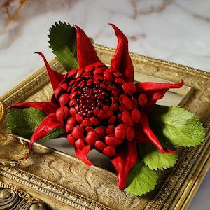 LEATHER  FLOWER red native Australian Waratah pin brooch hair hat clip
