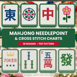 Mahjong Needlepoint Pattern, Mahjong Cross Stitch Pattern PDF, 18 Charts, Dragon, Wind, Joker Tile, Coaster and Bookmark Chart