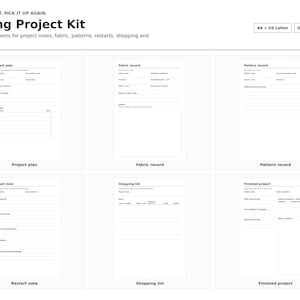 Könnte beinhalten: Ein digitales Nähprojekt-Set mit sechs druckbaren Blättern mit den Titeln Project plan, Fabric record, Pattern record, Restart note, Shopping list und Finished project. Das Layout enthält Linien und Felder für Notizen, Stoffdetails und Projektverfolgung.
