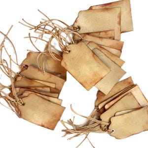 Tea Stained Tags Brown Distressed Tea Dyed Tags w Cord Junk Journals Aged Vintage Inspired Blank Labels Gift Packaging Medium 3x2" 30 pieces