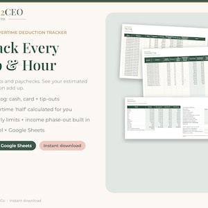 May include: A digital spreadsheet tracker titled Mom2CEO Co. Tips + Overtime Deduction Tracker. The layout features text, checkmarks, and buttons for Excel + Google Sheets and instant download. Three stacked document previews show columns for tips and hours.