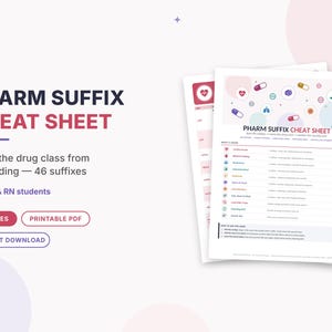 May include: A digital study guide titled PHARM SUFFIX CHEAT SHEET for nursing students. The document features 46 drug suffixes, 12 pages in a printable PDF format, and includes colourful medical icons like pills and organs on a white background.