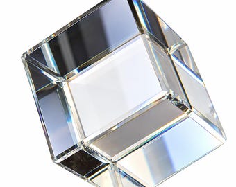 Clear Beveled Glass Cube Paperweight | Geometric Crystal Style Desk Decor | Faceted Optical Glass Sculpture