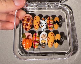 Uñas postizas inspiradas en Peanuts/Otoño — Con temática de Snoopy y Charlie Brown — Uñas de otoño — Uñas postizas reutilizables