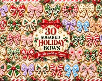 Pode incluir: Uma coleção de trinta biscoitos em forma de laço decorados com glacê em várias cores, incluindo vermelho, verde, azul, rosa e branco, com padrões como listras, pontos e flocos de neve, em torno de uma placa central 30 SUGARED HOLIDAY BOWS.