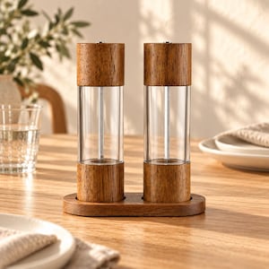 May include: A set of two cylindrical salt and pepper grinders featuring clear acrylic bodies with natural wood grain caps and bases, all resting on a matching oval wooden tray. The grinders have a vertical metal rod visible inside.