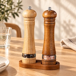 May include: Two wooden salt and pepper grinders standing on a matching oval wooden tray. The left grinder is light-colored wood with black peppercorns, and the right grinder is dark-colored wood with pink salt crystals, both featuring silver metal knobs.