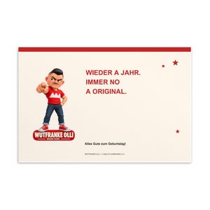 Könnte beinhalten: Eine rechteckige Grußkarte mit cremefarbenem Hintergrund und rotem Rand. Sie zeigt eine Cartoon-Figur, die nach vorne zeigt und ein rotes T-Shirt sowie eine blaue Jeans trägt. Text: WIEDER A JAHR. IMMER NO A ORIGINAL. Alles Gute zum Geburtstag!