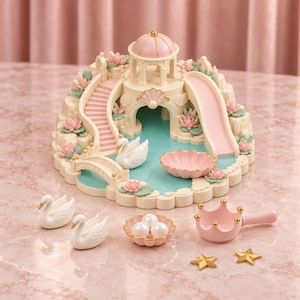 May include: A cream and pink miniature playset featuring a central pavilion with a slide and staircase, a turquoise pool, two white swan figurines, a shell-shaped bowl with three white spheres, a crown-shaped scoop, and two gold stars.