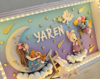 Letrero personalizado 3D de polvo de piedra con forma de luna, decoración de habitación infantil con osito de peluche LED, regalo para niña