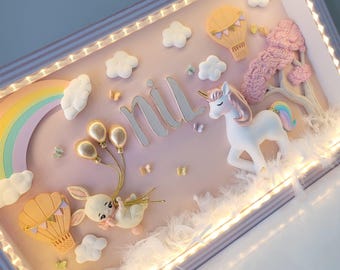 Letrero personalizado con globo de unicornio en polvo de piedra 3D, decoración LED en tonos melocotón pastel para guardería, regalo