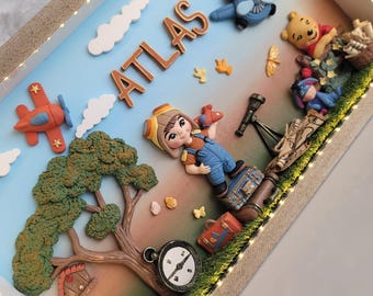 Puede incluir: Una caja de sombra que muestra el nombre ATLAS en letras en relieve, una figura central con equipo de aviador, un árbol, una brújula, un globo terráqueo y aviones en miniatura. La escena incluye personajes esculpidos como un oso en un avión y un burro, todo iluminado por luces LED integradas.