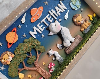 Puede incluir: Un marco de caja de sombra rectangular con luces LED integradas que contiene una escena en relieve 3D. La pantalla muestra el nombre METEHAN en letras blancas, un lobo, un león, un árbol, setas, un cohete, un planeta y la Tierra.