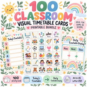 May include: A printable bundle of 100 classroom visual timetable cards featuring colorful illustrations of school subjects and activities. The set includes a Today's Timetable sheet, a Daily Timetable Display, and activity cards in A4 and US Letter PDF formats.