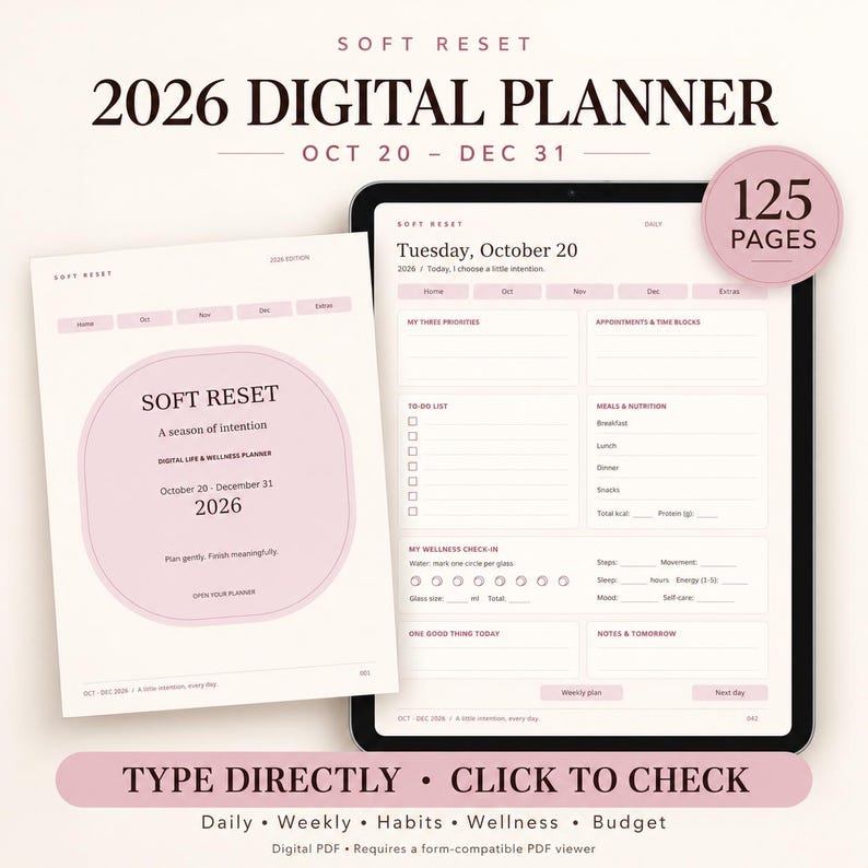 2026 Digital Planner: Fillable PDF, October 20–december 31, 125 Pages