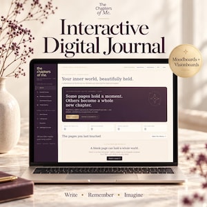 Puede incluir: Una pantalla de portátil muestra la interfaz del diario digital interactivo The Chapters of Me con secciones en morado oscuro y crema. El texto incluye Your inner world, beautifully held, Some pages hold a moment y Moodboards + Visionboards.