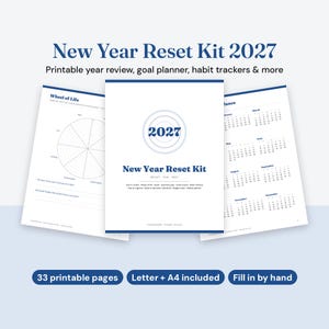 Nieuwjaarsstartpakket 2027, printbare doelenplanner, gewoonte-tracker, visionboard (PDF)