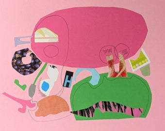 Unique children's room wall decoration pink animal, 30 x 40 cm collage illustration