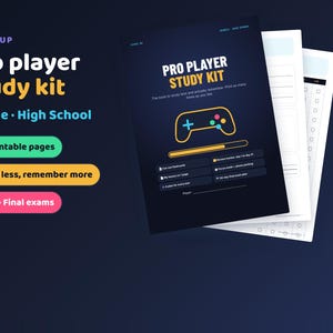 Peut inclure: Un kit d'étude Pro Player pour collégiens et lycéens, comprenant 19 pages imprimables. La couverture bleu foncé présente un graphique de manette de jeu jaune, le texte Pro Player Study Kit et une liste d'outils d'étude incluant un suivi.
