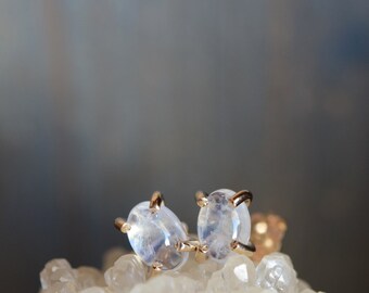 Moonstone Studs. Gold Fill Gemstone Earrings. Oval Stone Studs. Iridescent Flashy Cabochon Earrings. Delicate Everyday Gemstone Studs