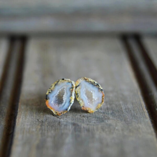 Yellow Druzy Geode Studs. Sterling Silver Ear Posts. Colorful Stone Crystal Earrings. Raw Stone Mini Geodes