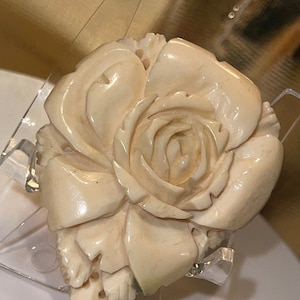 Great Gift Idea VTG Deeply CARVED CREAM Rose Dress Clip  Color Gorgeous Example of 1920s Jewels from Days Gone By Marked Pat.