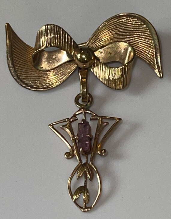 Vtg Victorian Style Amethyst Bow Lavaliere Brooch 